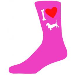 Hot Pink Ladies Novelty Basset Hound Socks- I Love My Dog Socks Luxury Cotton Novelty Socks Adult size UK 5-12 Euro 39-49
