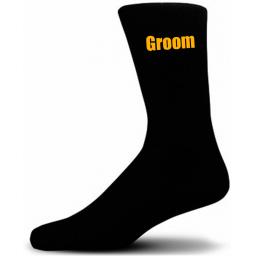 Black Wedding Socks with Yellow Groom Title Adult size UK 6-12 Euro 39-49