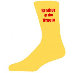 Yellow Wedding Socks with Red Brother of The Groom Title Adult size UK 6-12 Euro 39-49