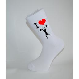 I Love WeightLifting White Socks, Great Socks for the sportsman, Adults 6-12