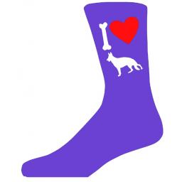 Purple Ladies Novelty German Shepherd Socks- I Love My Dog Socks Luxury Cotton Novelty Socks Adult size UK 5-12 Euro 39-49