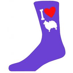 Purple Ladies Novelty Pomeranian Socks- I Love My Dog Socks Luxury Cotton Novelty Socks Adult size UK 5-12 Euro 39-49