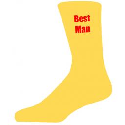 Yellow Wedding Socks with Red Best Man Title Adult size UK 6-12 Euro 39-49