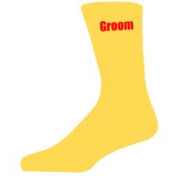 Yellow Wedding Socks with Red Groom Title Adult size UK 6-12 Euro 39-49