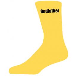 Yellow Wedding Socks with Black Godfather Title Adult size UK 6-12 Euro 39-49