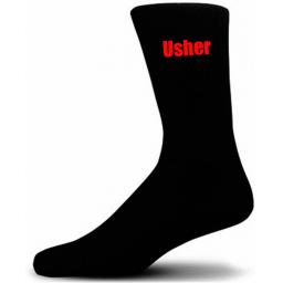 Black Wedding Socks with Red Usher Title Adult size UK 6-12 Euro 39-49