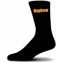 Black Wedding Socks with Yellow Nephew Title Adult size UK 6-12 Euro 39-49
