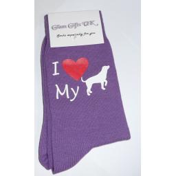 I Love My Dog on Purple Socks, Great Novelty Gift Adult size UK 6-12 Ideal for a Christmas, birthday or anytime gift Socks - labrador, pug, bulldog