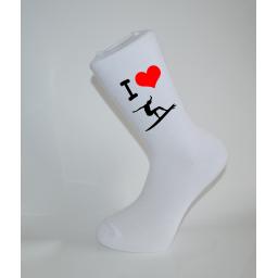 I Love Surfing White Socks, Great Socks for the sportsman, Adults 6-12