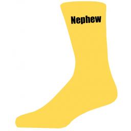 Yellow Wedding Socks with Black Nephew Title Adult size UK 6-12 Euro 39-49