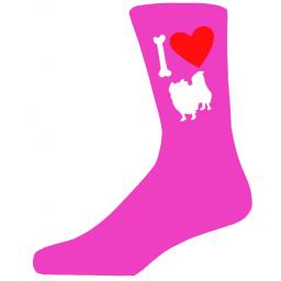 Hot Pink Ladies Novelty Pekingese Socks- I Love My Dog Socks Luxury Cotton Novelty Socks Adult size UK 5-12 Euro 39-49