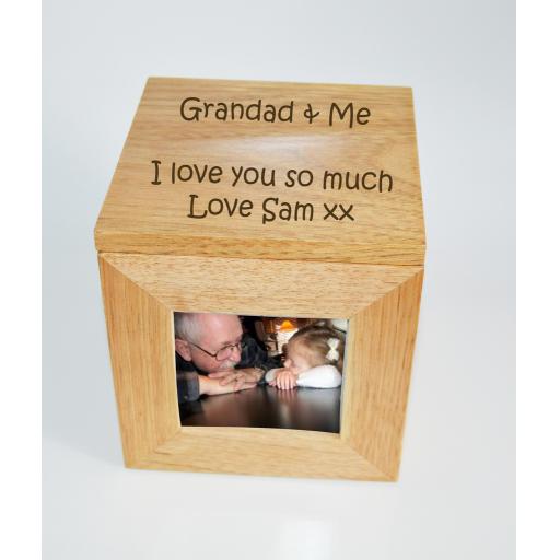 Personalised Oak Wooden Photo Box Keepsake Cube Box Engraved - Grandad & Me