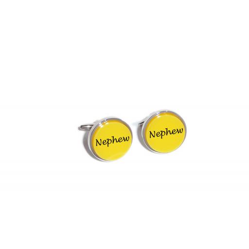 Nephew Yellow Acrylic Insert Laser Engraved Cufflinks for the Wedding Party. Goom, Best Man, Father of The Bride. All cufflinks come with an organza gift pouch.