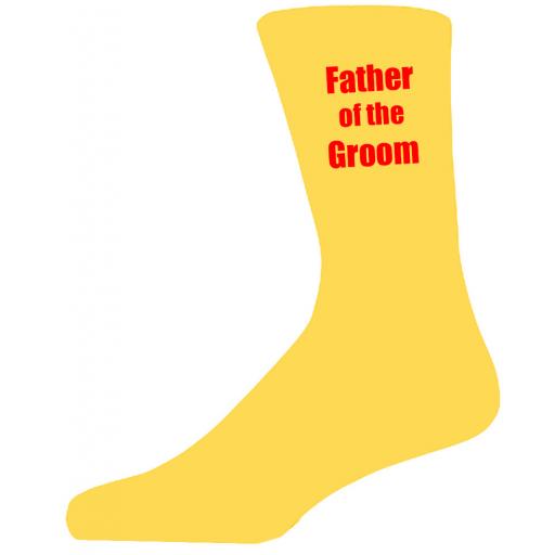Yellow Wedding Socks with Red Father of The Groom Title Adult size UK 6-12 Euro 39-49