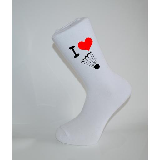 I Love Badminton White Socks, Great Socks for the sportsman, Adults 6-12