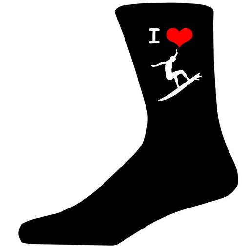 I Love Surfing Picture Socks. Black Cotton Novelty Socks. Adult UK 5-12