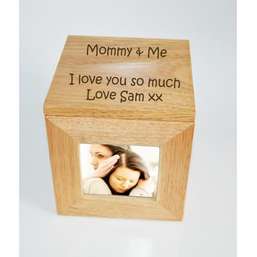 Personalised Oak Wooden Photo Box Keepsake Cube Box Engraved - Mommy & Me