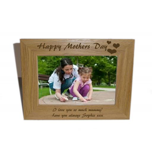 Personalised Natural Wooden Photo 6x4 Frame - Happy Mothers Day & Hearts Design