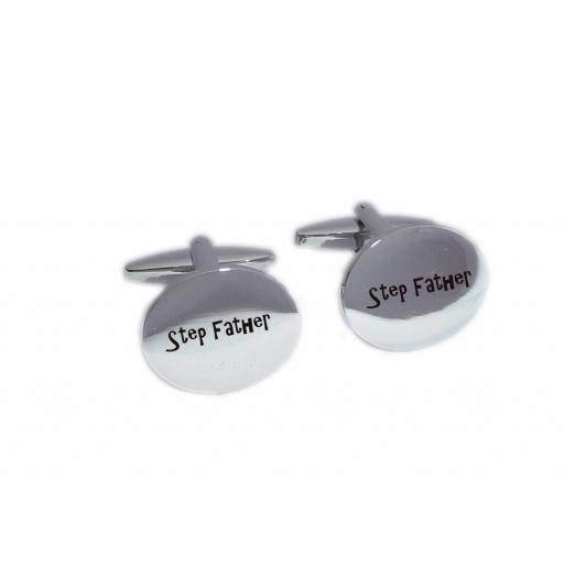 Step Father Oval Laser Engraved Cufflinks for the Wedding Party. Goom, Best Man, Father of The Bride. All cufflinks come with an organza gift pouch.