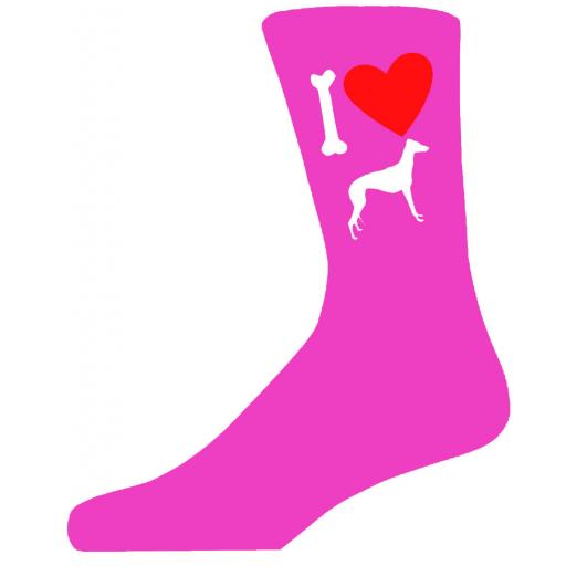 Hot Pink Ladies Novelty Grey Hound Socks- I Love My Dog Socks Luxury Cotton Novelty Socks Adult size UK 5-12 Euro 39-49