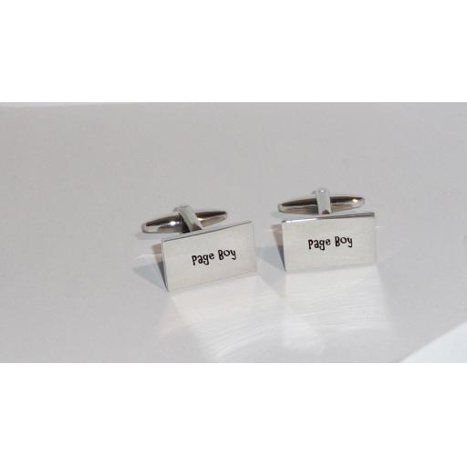 Page Boy Rectangle Laser Engraved Cufflinks for the Wedding Party. Goom, Best Man, Father of The Bride. All cufflinks come with an organza gift pouch.