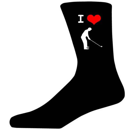 I Love Golf Picture Socks. Black Cotton Novelty Socks. Adult size UK 5-12