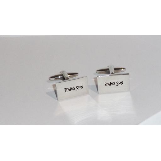 Brides Son Rectangle Laser Engraved Cufflinks for the Wedding Party. Goom, Best Man, Father of The Bride. All cufflinks come with an organza gift pouch.