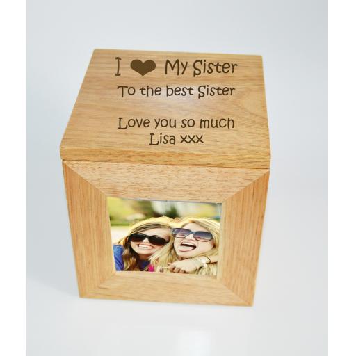 Personalised Oak Wooden Photo Box Keepsake Cube Box Engraved - I heart My Sister