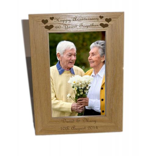 Happy Anniversary, 60 years Wooden Photo Frame 4x6 - Free Engraving - Please email glamgifts50@yahoo co uk
