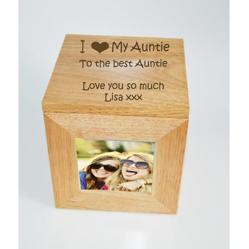 Personalised Oak Wooden Photo Box Keepsake Cube Box Engraved - I heart My Auntie
