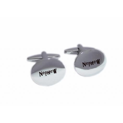 Nephew Oval Laser Engraved Cufflinks for the Wedding Party. Goom, Best Man, Father of The Bride. All cufflinks come with an organza gift pouch.