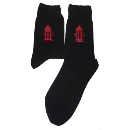 Red Fire Hydrant on Black Socks, Lovely Birthday Gift Adult size UK 6-12 Ideal for a Christmas, birthday or anytime gift for a Fireman