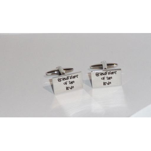 Grandfather of the Bride Rectangle Laser Engraved Cufflinks for the Wedding Party. Goom, Best Man, Father of The Bride. All cufflinks come with an organza gift pouch.