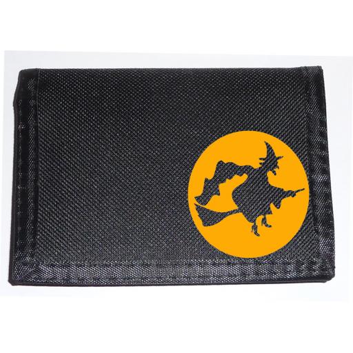 Witch Crossing the Moon on a Black Nylon Wallet, Birthday, Halloween or Christmas Gift