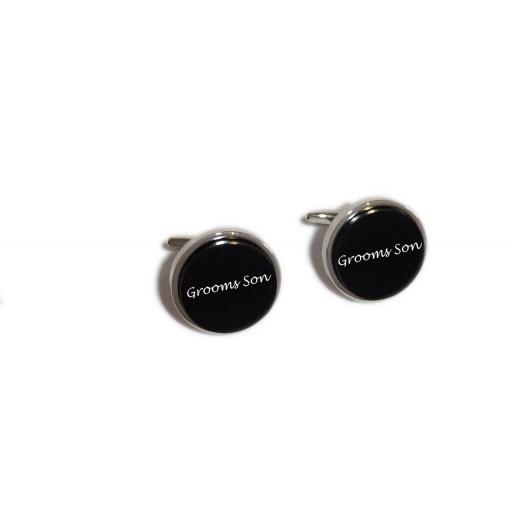Grooms Son Round Black Acrylic Insert Laser Engraved Cufflinks for the Wedding Party. Goom, Best Man, Father of The Bride. All cufflinks come with an organza gift pouch.