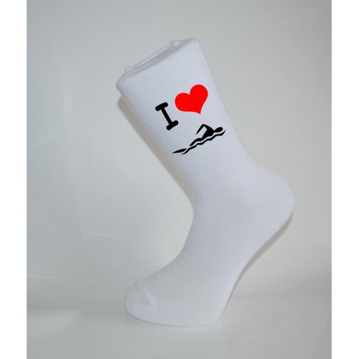 I Love Swimming White Socks, Great Socks for the sportsman, Adults 6-12