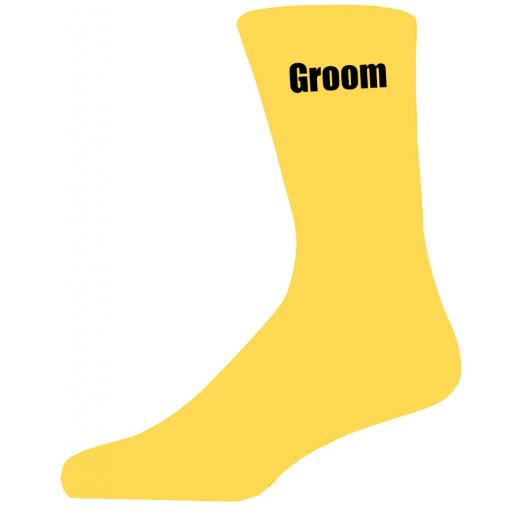 Yellow Wedding Socks with Black Groom Title Adult size UK 6-12 Euro 39-49